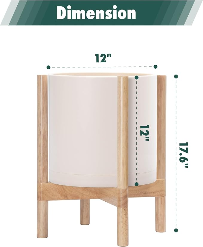 D'vine Dev Plastic Pot with Natural Wood Stand, Oatmeal, 12 in, 55-C-P-4 | Mid-Century Inspired Design, Elevated Plant Display, Clean Lines, Sturdy Support, Modern Space-Saving Style