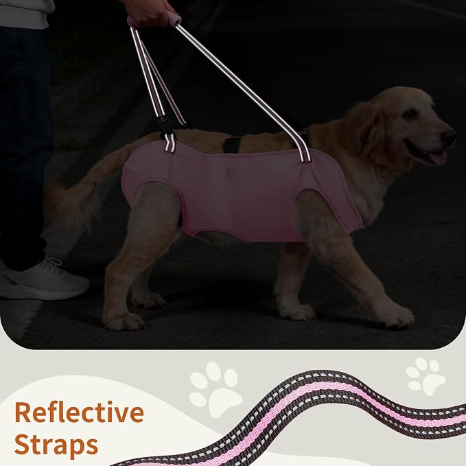 Full Body Dog Lift Harness, Support Senior & Disabled Dogs Walking | Help Up & Down Stairs Grooming, Dog Sling Backpack, Front Hind Leg Joint Injuries, Reflective, Soft Padded Handle | Pink, L