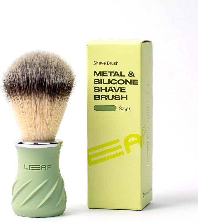 Leaf Shave Grooming Brush - Metal & Silicone Handle, Sage | Measuring cup handle for use with soap and bowl sets, compatible with soap bar and accessories