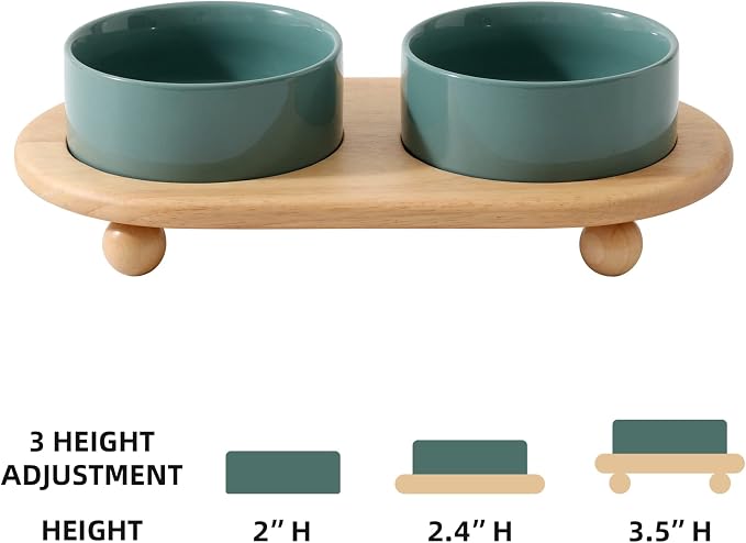 Havniva Raised Cat Bowl 5.1” Elevated Ceramic Cat Food and Water Bowl Set | Cat Bowls Elevated, Whisker Friendly Cat Bowl, Non-Slip Wood Stand, Food-Grade Ceramic, Wide Opening, Dishwasher Safe