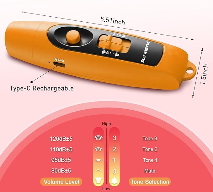 StarWorld Rechargeable Bear Horn - 120dB Electronic Air Horn for Bears with 4 Volume Levels & 3 Tones, Audible 0.5 Miles, LED Safety Light for Hiking, Camping, Wildlife Defense (Orange)