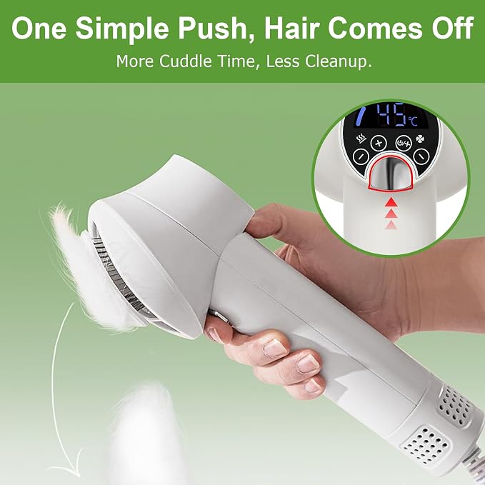 3-in-1 Dog Hair Dryer Brush - Adjustable Temp (35°C-60°C) & 4 Speeds, One-Touch Hair Collection for Safe Grooming of Small & Medium Dogs Cats