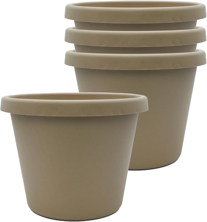 The HC Companies 8 Inch Prima Round Planter Pots with Drainage Holes and Rolled Rim, Lightweight UV-Resistant Plastic Indoor & Outdoor Planters, 4-Pack Flower Pots for Garden & Home Decor, Sandstone