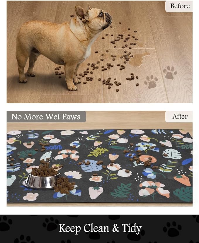 Pet Feeding Mat-Absorbent Dog Mat for Food and Water Bowl-No Stains Quick Dry Water Dispenser Mat-Dog Accessories Pet Supplies-Bowl for Messy Drinkers（DARKFLOWERS,12"x19"