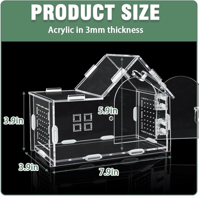 Jumping Spider Enclosure, Acrylic Cabin Terrarium with Sloped Roof & Magnetic Front Door, for Arboreal Pets, Mantis, Small Reptile Habitat (Transparent Color, L 7.9",W 3.9",H 5.9")