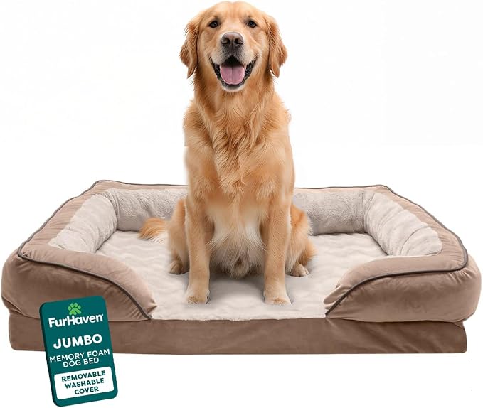 Furhaven Orthopedic Dog Bed for Large Dogs w/ Removable Bolsters & Washable Cover, For Dogs Up to 95 lbs - Plush & Velvet Waves Perfect Comfort Sofa - Brownstone, Jumbo/XL