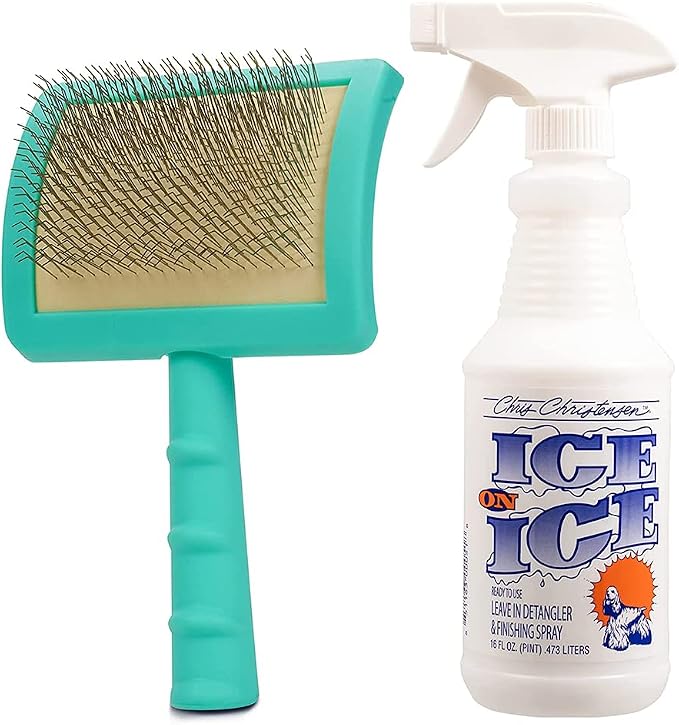Jelly Pet Grooming Bundle - Large Teal Slicker Brush, Hard Pins & Chris Christensen Ice on Ice Detangler Spray, Ready to Use, 16 oz
