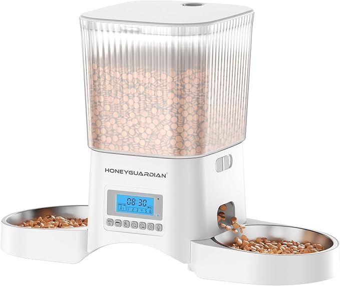 HoneyGuaridan Automatic Cat Feeder for 2 Cats,Automatic Cat Food Dispenser,Timed Pet Feeder for Cats and Dogs,Desiccant Bag, Programmable Portion Control,10s Voice Recorder
