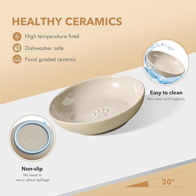 Havniva Ceramic Cat Bowls, Shallow Cat Dishes, Cat Food Plate Set of 3 | Wide Opening, 5.6” Cat Plates, Ceramic Cat Food Bowls for Wet & Dry Food, Non-slip Rubber Base, Whisker Friendly Cat Bowl