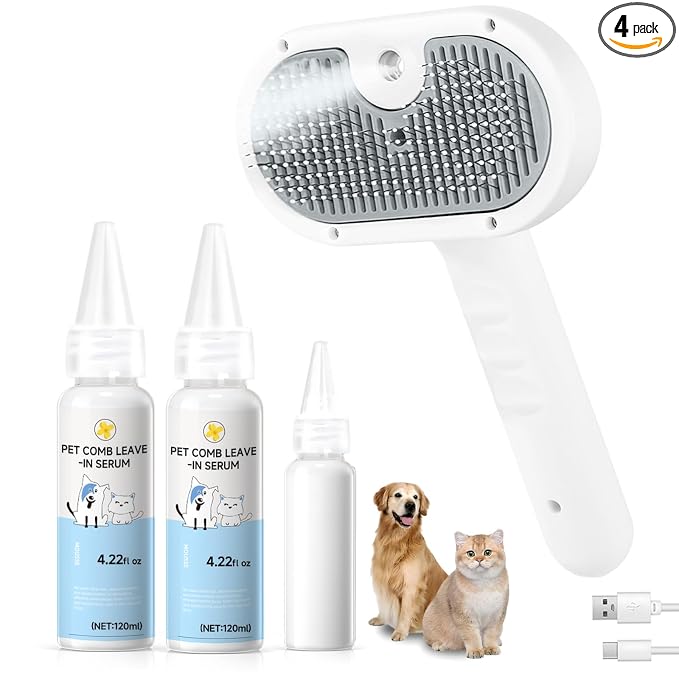 Pet Steam Brush for Dogs & Cats, 3-in-1 Shedding Grooming Tool | Self Cleaning Spray Comb with Mist, Dog Brush for Shedding, Cat Brush for Hair Removal, Long Haired Pets, 2 Waterless Shampoo
