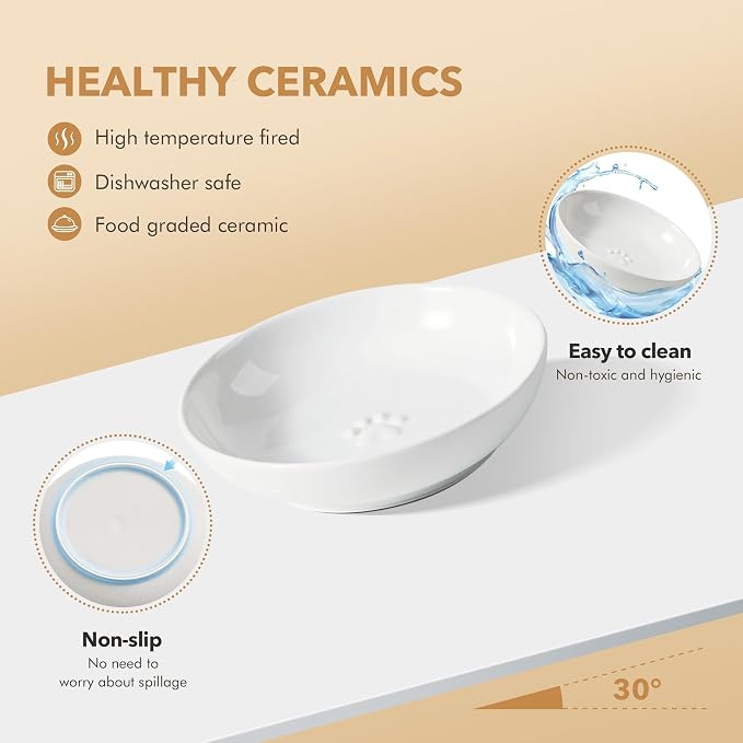 Havniva Elevated Cat Bowls, Cat Food and Water Bowl Set, Ceramic Cat Bowl | Raised Cat Food Bowls, Whisker Friendly, 5.6” Shallow Cat Dishes + 6” Wide Cat Plates, Non-Slip Wood Stand, Two Heights