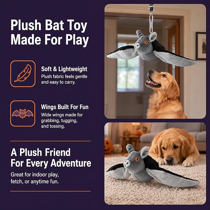Flapping Bat Dog Toy, Flying Bat Toy for Dogs & Cat with Chirping & Flapping Wings, Interactive Rechargeable Bat Toy, Hanging Solo Play & Wand Compatible，3PCS
