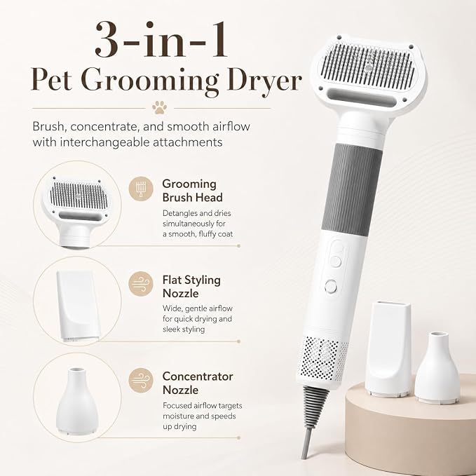 Pet Hair Dryer with Grooming Brush, Dog Blow Dryer, 3-in-1 Cat Blower, Grey | 110,000 RPM Pet Blower with One-Click Hair Removal, 3 Heat & 2 Speed Settings for Professional Home Grooming