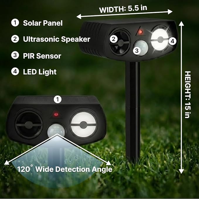 AWISH Solar Ultrasonic Animal Repeller Outdoor, Motion Sensor Waterproof Pest Deterrent, Raccoon Skunk Fox Squirrel Gopher Rabbit Dog Repellent for Yard Garden Farm, 40ft 120° Coverage, 2 Pack Black