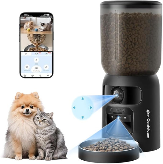 Automatic Cat Feeder with Dual 2K Camera, 5G WiFi with Night Vision, Cat Food Dispenser with App Controlled Pet Feeder, 2-Way Audio, Pet Feeder for Vacation & Work, Freshness Seal, Black