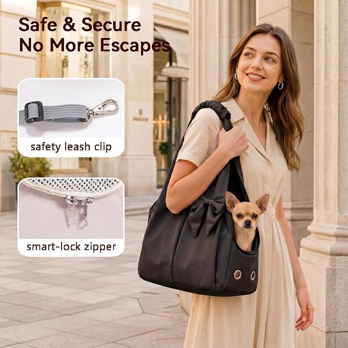 Fashion Dog Purse Carrier for Small Dogs, Soft-Sided Dog Bag Carrier with 4 Large Pockets, No Collapse, Lightweight, Smart Zipper Lock, Puppy Tote Bag for Cats Rabbit Carrier for Travel(Black)