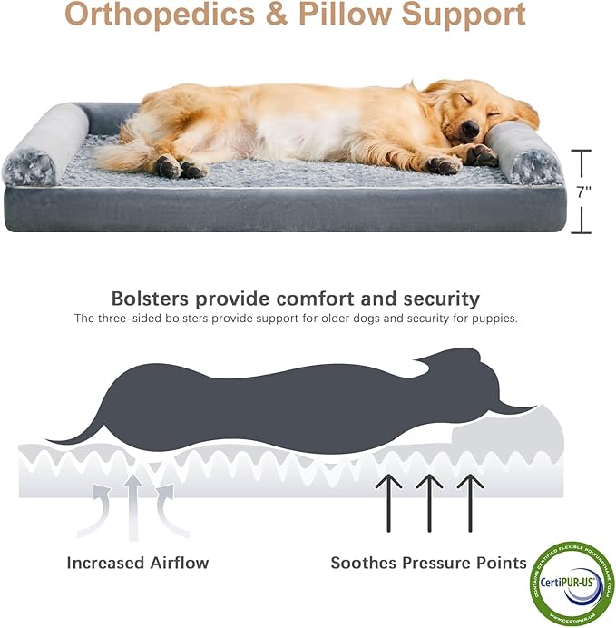 BFPETHOME Orthopedic Washable XLarge Dog Bed for Senior Dog Cozy Sleep | Extra Large Waterproof Big Soft Pet Couch Bed for Dogs Relax with Removable Cover Supportive Egg Crate Foam Grey 45x35 Inch
