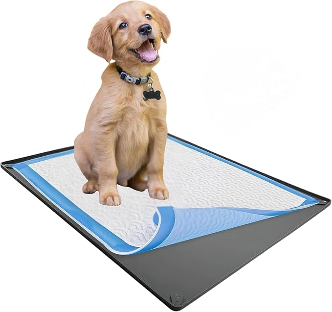 Dog Pee Pad Holder Tray Fits for 24” x 36” Pee Pads - 1 Pack - Grey | Corner Lock Holes, Raised Edges, Non-Spill, Easy to Clean Silicone Dog Potty Tray Holder, For Indoor Floor Protection