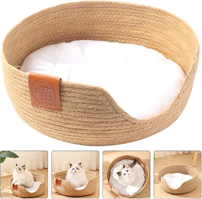 FRCOLOR Woven Cat Bed with Cushion Breathable Summer Pet Nest Cat Sleeping Bed for Cats and Small Dogs Indoor Pet Sleeping House 12.99 X 12.40 X 5.11 in
