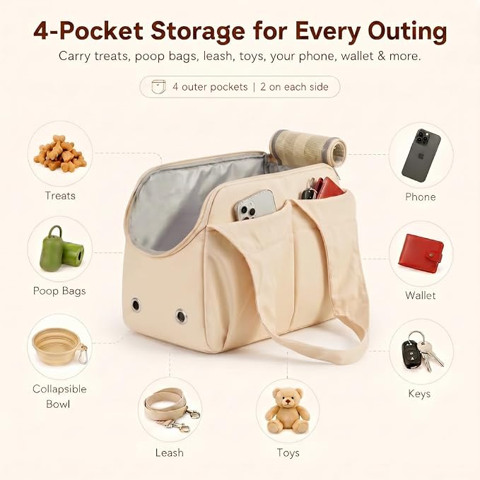 Fashion Dog Purse Carrier for Small Dogs and Cats, Soft-Sided Puppy Tote Bag Under 15 lbs, Lightweight Pet Carrier with 4 Pockets, Smart Zipper Lock, Pet Travel Bag for Travel Outdoor(Beige)