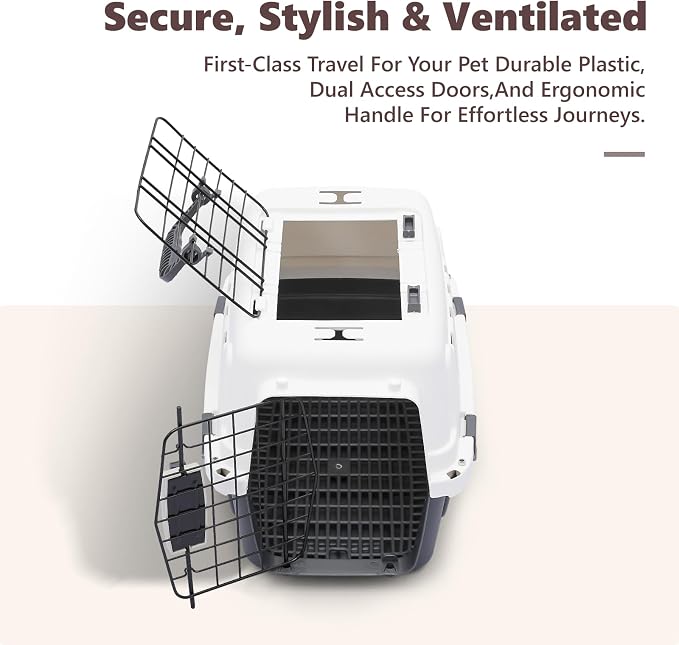Athena Collection 18" Hard-Sided Travel Pet Carrier for Small Dogs and Cats | Plastic Dog Carriers with 2-Door Top & Front Load & Ventilation & Security Lock, Cat Dog Carrier for Pet, up to 10lbs, Grey