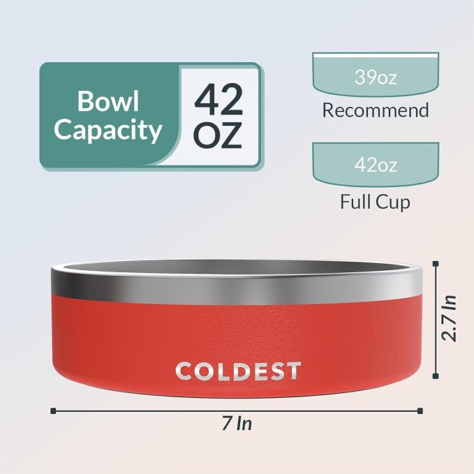 Coldest Dog Bowl - Anti Rust Metal, Non Slip, 3 Layers Insulated Stainless Steel Dog Bowls - Spill Proof & Heavy Duty - Water Bowl for Dogs, Cats & Pets, Dish Washer Safe (42 oz, Crimson Red)
