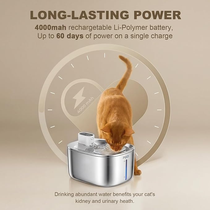 Wireless Cat Water Fountain Stainless Steel,4.2L Cordless Pet Fountains for Dringking,4000mah Battery Operated Cat Water Pountain,Automatic Dog Dispenser w Pen Cat Toys