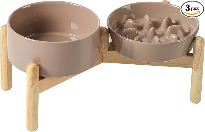Havniva Elevated Slow Feeder Dog Bowls, Ceramic Dog Bowl Slow Feeder Set | 0.9 Cups Raised Slow Feeder Dog Bowl for Small Breed, 6.1” Dog Water Bowl with Wooden Stand, Puzzle Dog Food Bowl, Non-slip