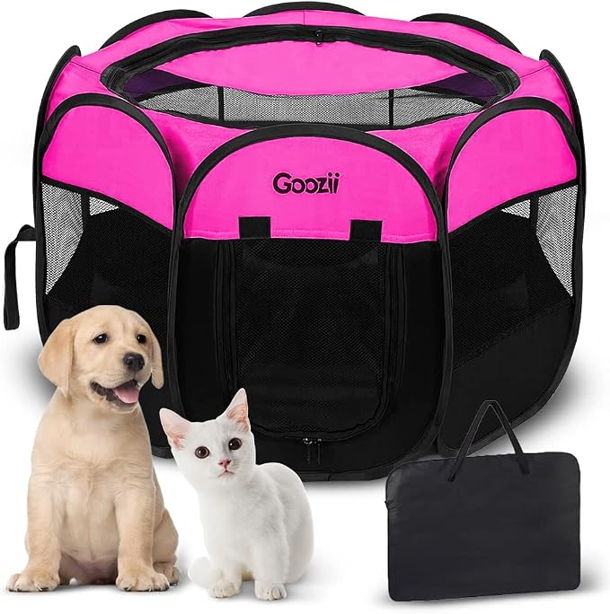 GOOZII Portable Dog Playpen for Small Dogs Indoor Outdoor, Foldable Pet Puppy Playpens Kennel Tent with Top Cover Door for House Cat Kitty for Dog Lover as (Medium Size, Pink)