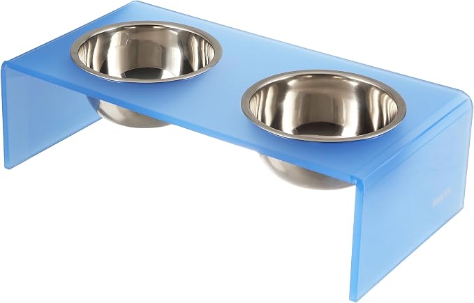 DBL2000C Keaton 5" Small/Medium Modern Acrylic Rectangular Elevated Pet Feeder with 20oz 2-Stainless Steel Bowls, Blue/Chrome