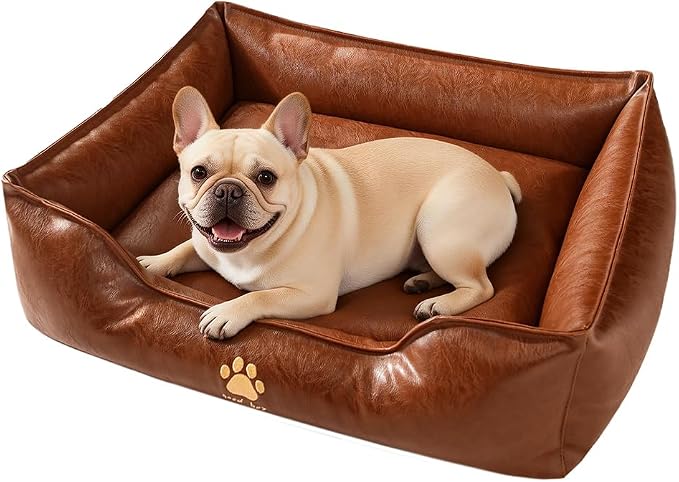 SOMAHE Waterproof Leather Dog Bed, Bolster Couch, 30x24x9 Brown | Wipe-Clean Waterproof Leather + Removable Cushion: roomy bolsters give medium-large dogs a cozy place to lean.
