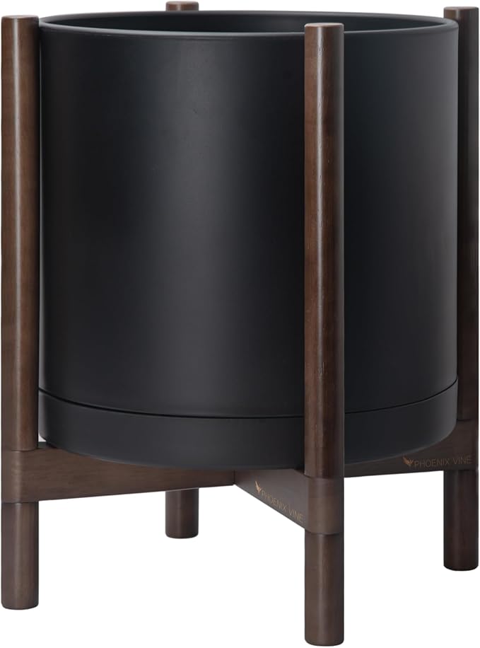 D'vine Dev Plastic Pot with Walnut Wood Stand, Black, 16 in, 55-C-X-2 | Mid-Century Inspired Design, Elevated Plant Display, Clean Lines, Sturdy Support, Modern Space-Saving Style
