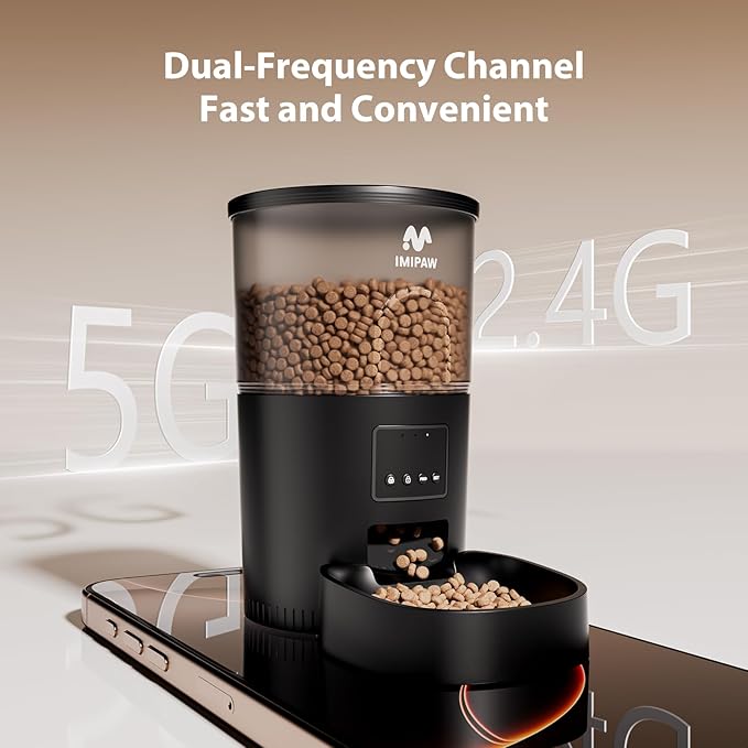 IMIPAW Automatic Cat Feeder, 5G WiFi Cat Food Dispenser with APP Remote Control, Pet Dry Food Smart Feeder, Programmable Timed Feeding, Dual Power Supply, 1-10 Meals Per Day, Desiccant Bag, Small pets