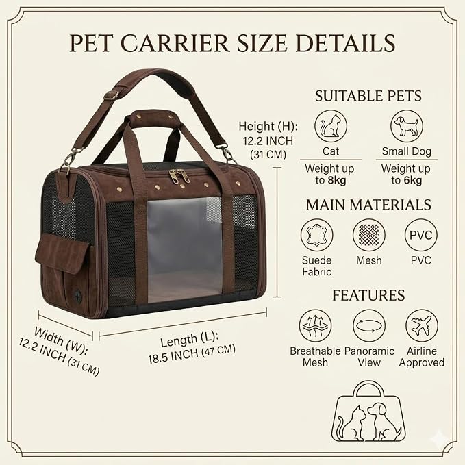 Pet Carrier for Small Medium Cats Dogs Puppies Up to 20lbs, Soft Sided Collapsible Cat Dog Carrier, Stable Durable Vintage Style Travel Bag for Shopping, Street Photos, Pet Cafe
