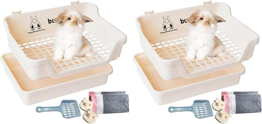 HoppScotch.bun Bumbox Large Rabbit Litter Box, 15.75" Training Cage with Plastic Grid for Small Animals, Indoor/Outdoor, Cream (Pack of 2)