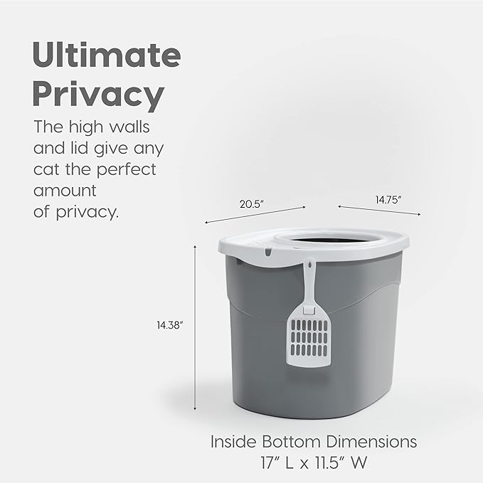 IRIS USA Cat Litter Box Large Top Entry with Lid Enclosed Covered Hooded Design Litter Catching Scatter Shield Pan Dog Proof Pet Proof Scoop Included Odor Control for Indoor Cats Kittens Gray/White