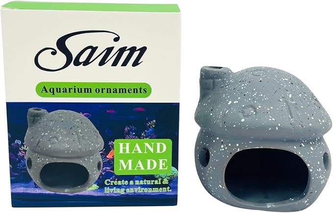 Saim Aquarium Decorations Mushroom House Ceramic Cave, Betta Fish Hideout Breeding Mushroom Cave Fish Tank Ornaments for Amano Shrimp Cichlid Bonsai to Play, Hide and Rest - Grey