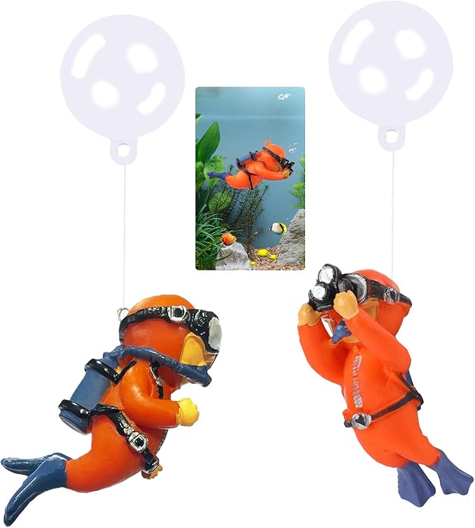 2-Pack Tank Decorations, Cute Little Diver, Aquarium Decoration Accessories Ornaments with Float Ball, Playmate for Tank Suitable for All Kinds of Fish and Tanks (Orange)