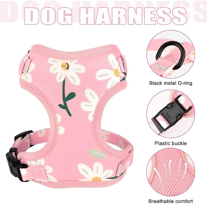 Beirui Cute Dog Collars,Harnesses,Leashes Set, Floral Pattern, Pink-1,XXS | Girl Dog Harness Set with Flower, Adjustable and Soft Mesh Lining, For Puppies Small & Extra Small Dogs Daily Walks