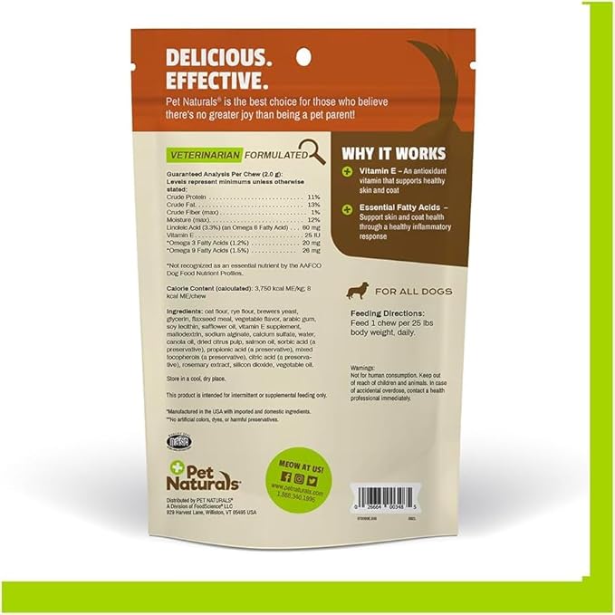 Pet Naturals Skin and Coat for Dogs, Bite-Sized Soft Chews, Salmon Oil and Omega Fatty Acids, Soothe Dry and Itchy Skin, No Corn or Wheat, Vet Formulated, Veggie Flavor, 30 Count
