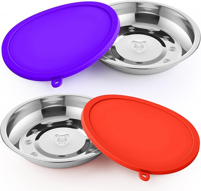 Patelai Stainless Steel Dog Bowls with Silicone Lids for 1.9 Cups Portable Food and Water Dishes for Pets Sealable Containers for 6.3" for Cats & Small Dogs(Red,Purple)