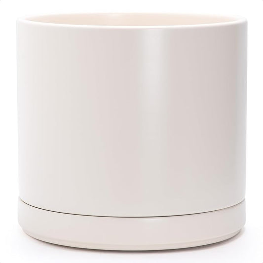 D'vine Dev 14 Inch Ceramic Planter Pot, Oatmeal, 94-O-G-8 | Modern Cylinder Design, Drainage Hole & Saucer Included, Stable Structure, Elegant Home Accent