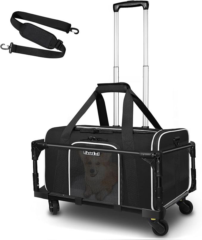 Small Pet Carrier 18"x11"x11" with Wheels Airline Approved, Black | for Delta/American/United Airlines, Lockable Safety Zippers and Anti-Scratch Mesh, Pets Under 10 lbs