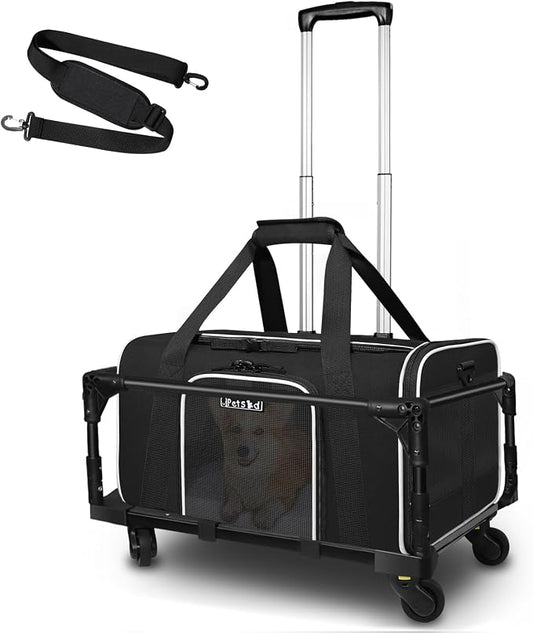 Small Pet Carrier 18"x11"x11" with Wheels Airline Approved, Black | for Delta/American/United Airlines, Lockable Safety Zippers and Anti-Scratch Mesh, Pets Under 10 lbs