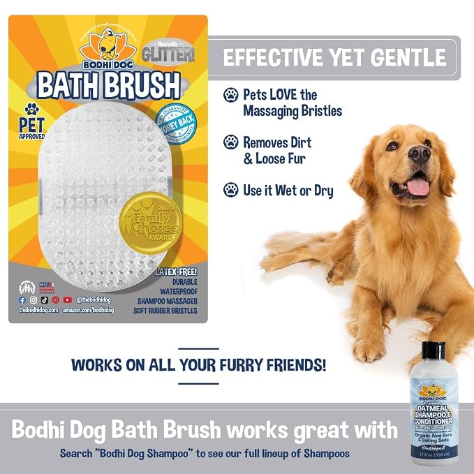 Bodhi Dog Shampoo Brush - Pet Grooming & Bath Supplies for Dogs and Cats - Bath Brush for Long & Short Hair - Premium Scrubber for Shower, Showerhead, Sprayer & Bathing (One Pack, Silver)