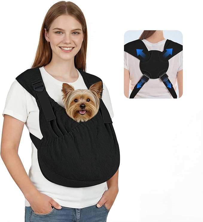 Supet Dog Sling Carrier for Pets, Adjustable Hands Free Front Chest Pouch | Reduces Back & Neck Pain Anti-Anxiety Backpack, 62% Cotton Blend Soft Bag, Fit Dogs, Cats, Puppy (Black Regular 4-12Lbs)