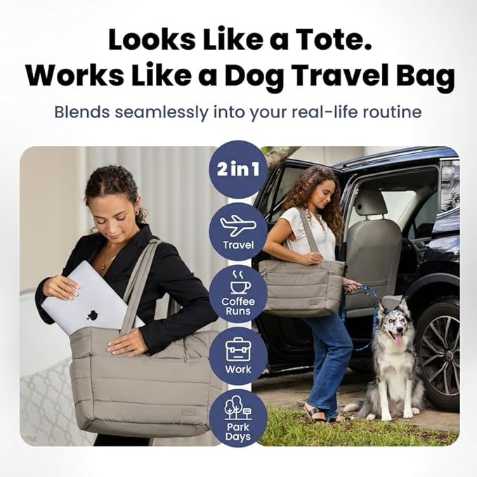 Puffer Dog Travel Bag for Dog Moms, Diaper Bag with Travel Bowls | 2 BPA-Free Collapsible Bowls, 2 Pet Food Containers, 9 Pockets, Everyday Puffer Bag Works With or Without Your Dog, Khaki