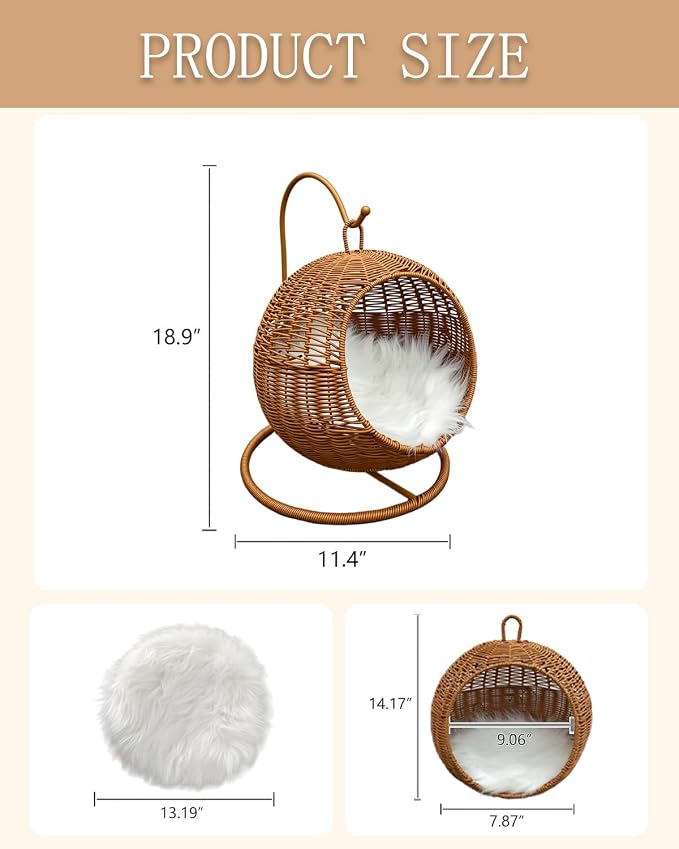 Wicker Cat Bed Indoor & Outdoor, Handwoven PP Rattan Cat Swing Bed with Removable Washable Cushion, Breathable Waterproof Cat House for Cats & Small Dogs (Small–11.4" L × 18.9" H)