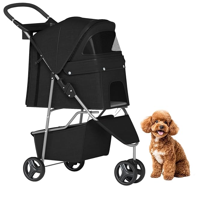 BestPet | 3-Wheel Pet Stroller | Dog and Cat Stroller | Breathable Mesh | Lightweight Travel Carrier | Waterproof & Foldable Design | Storage Basket | Black | for Daily Walks & Outdoor Use | Breathable Mesh | Lightweight, Waterproof Travel Carrier with...