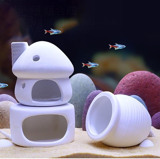 Ceramic Mushroom with Betta Hideout Cave Aquarium Decorations, Cute Fish Tank House with Cave Set for Amano Shrimp Cichlid Bonsai Goldfishes to Play, Hide and Rest - White